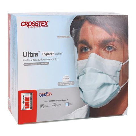 Crosstex International -Ultra Fog-Free Combination Mask / Shield Blue Disposable Not Made From Natural Rubber Latex ASTM Level 3 25/Box, 16 BX/CA GCPW