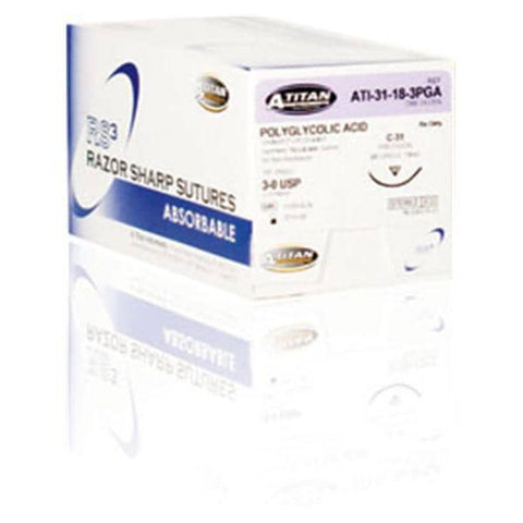 A. Titan Instruments -RS3 Suture Polyglycolic Acid Braid 3-0 18" Absorbable C-31 Reverse Cutting 3/8 Circle Needle 19mm Coated Undyed 12/Package ATI31183PGA