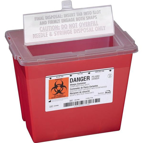 Bemis Healthcare, Inc -Sentinel Sharps Container 2gal Translucent Red 11-5/8x7-3/4x8-5/8" Horizontal Drop Plastic Molded-In Handles Autoclavable Each, 30 EA/CA 102 030