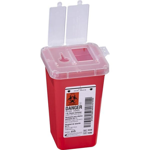 Bemis Healthcare, Inc -Sentinel Sharps Container 1qt Translucent Red 4-1/4x4-1/4x6-7/16" Vertical Entry Plastic Autoclavable Dual Openings/Vertical Drop Lid Each, 100 EA/CA 100 030