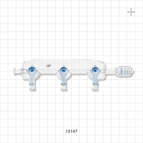 3-Gang Stopcock Manifold, 4 Female Luer Locks, Rotating Male Luer Lock - 800 psi - 13147