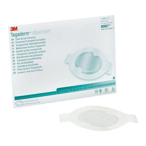 3M Medical Products Tegaderm Acrylic Transparent Dressing 4-3/8x5" Sterile Oval Adhs Trans Abs LF, 4 BX/CA - 90801