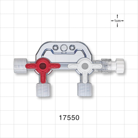 2-Gang Stopcock Manifold, 3 Female Luer Locks, Male Luer with Spin Lock, Non-Vented Caps - 29 psi - 17550