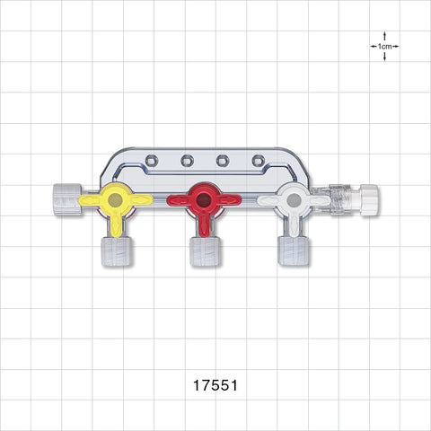3-Gang Stopcock Manifold, 4 Female Luer Locks, Male Luer with Spin Lock, Non-Vented Caps - 29 psi - 17551