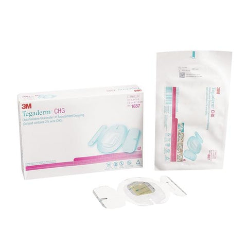 3M Medical Products Tegaderm CHG Chlorhexidine Gluconate IV Dressing 3.5x4.5 Strl Adhs Adhr Wht LF, 4 BX/CA - 1657