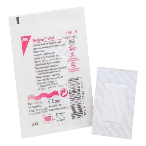 3M Medical Products Medipore +Pad Soft Cloth Wound Dressing 2x2-3/4" Sterile NAdhr Adhs Wht LF, 4 BX/CA - 3562