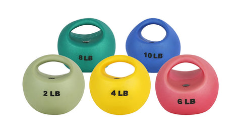 CanDo One Handle Medicine Ball - 5 pc set (Tan, Yellow, Red, Green, Blue)