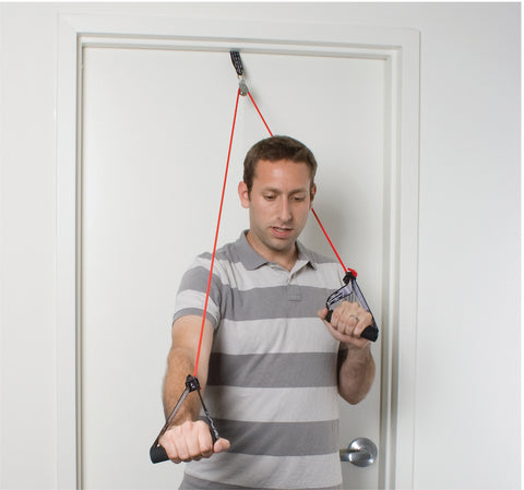 CanDo shoulder pulley with exercise tubing and handles, Red - light