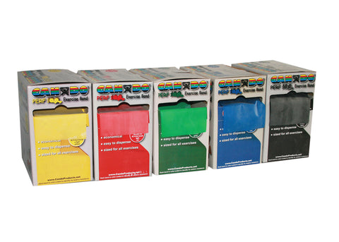 CanDo Low Powder Exercise Band - 100 yard Perf 100 rolls, 5-piece set (1 each: yellow, red, green, blue, black)