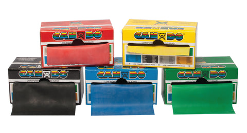 CanDo Low Powder Exercise Band - 6 yard rolls, 5-piece set (1 each: yellow, red, green, blue, black)