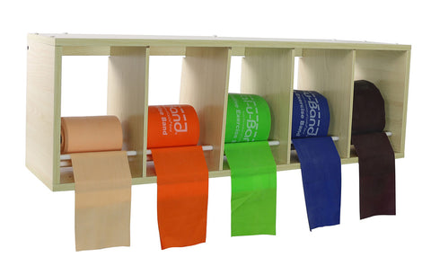 CanDo exercise band rack, plastic, 5 rolls, INCLUDING: Val-u-Band - Latex Free - 5 x 50 yard rolls (peach, orange, lime, blueberry, plum)