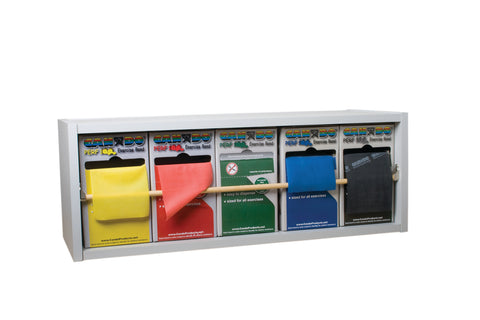 CanDo Dispens-a-Band exercise band rack, wood, 5 rolls, INCLUDING: 5 x 100 yard CanDo Perf 100 low powder set (yellow, red, green, blue, black)