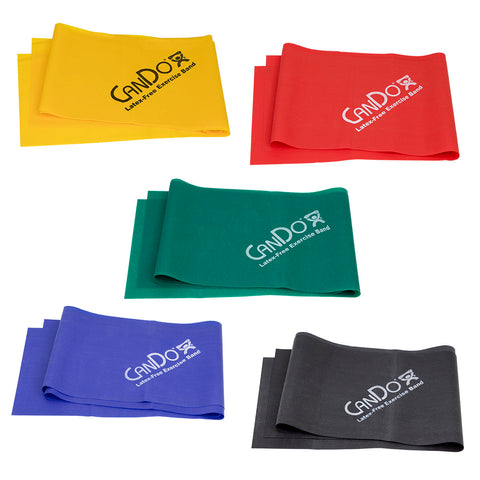 CanDo Latex Free Exercise Band - 4' length, 5-piece set (1 each: yellow, red, green, blue, black)