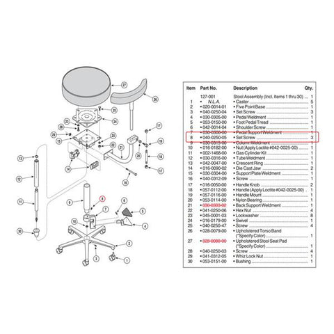 Midmark Corporation Screw Set Assembly For 104 Ritter Exam Table Backlock Lever Each - 040-0250-05
