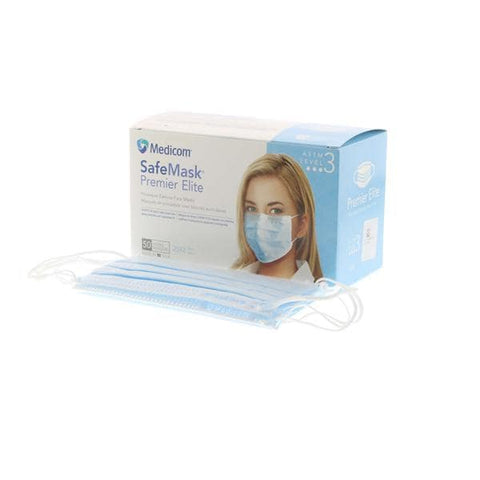 Medicom Mask Procedure Safe+Mask Premier Elite ASTM Level 3 Flat Pleated Blue Size 50/Bx, 10 BX/CA - 2042