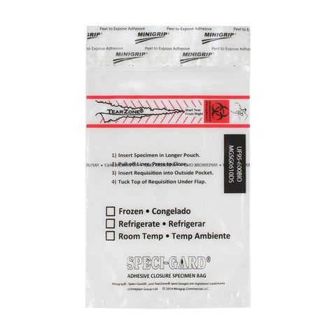 MiniGrip, LLC Speci-Gard Specimen Transport Bag Clear Adhesive Closure 100/Pk, 10 PK/CA - UF95-600BIO