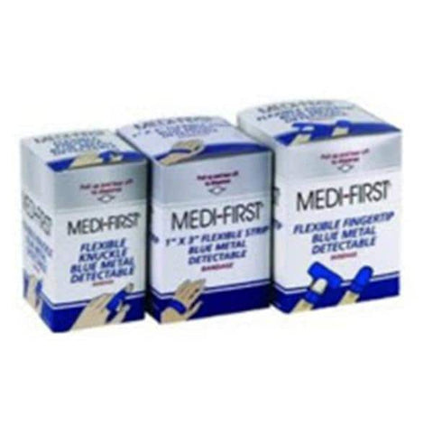 Medique Pharmaceuticals Bandage Metal Detectable Fabric Medi-First 1x3" Flexible Blue LF 100/Bx - 68033