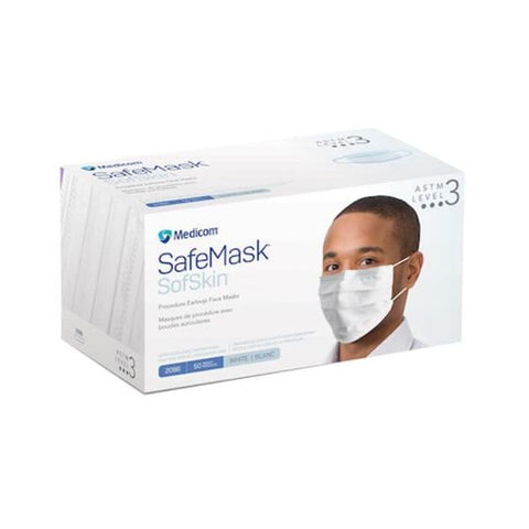 Medicom Mask Procedure SafeMask Sofskin ASTM Level 3 White Size 50/Bx, 10 BX/CA - 2086