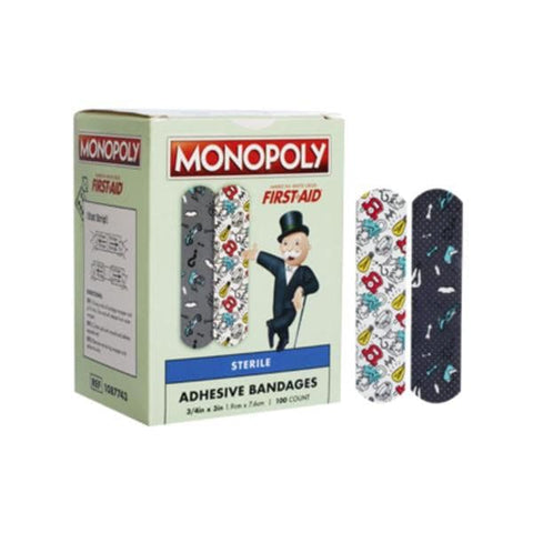 Dukal Corporation Bndg Adh Strp Prntd PE Wht Crss 1Aid Stt Strp .75x3 Flxbl Monopoly LF 100/Bx, 12 BX/CA - 1087743
