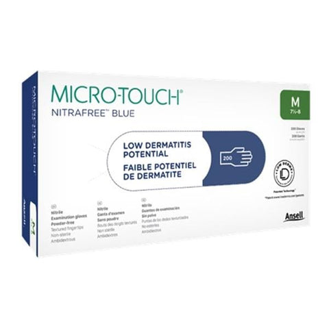 Ansell Healthcare Products LLC Gloves Exam Micro-Touch NitraFree PF Nitrile LF Md 7.5-8 Blue 200/Bx, 10 BX/CA - 313028080