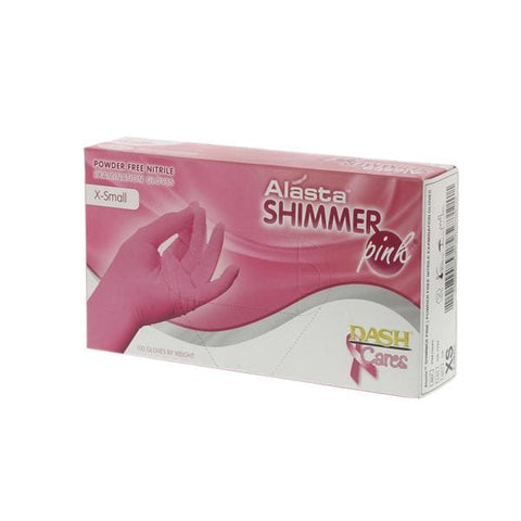 Dash Medical Gloves Inc Gloves Exam Alasta Shimmer Powder-Free Nitrile Latex-Free X-Small Pink 100/Bx, 10 BX/CA - PNK100XS
