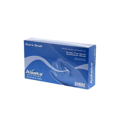 Dash Medical Gloves Inc Gloves Exam Alasta Soft Fit Powder-Free Nitrile Latex-Free X-Small Blue 100/Bx, 10 BX/CA - ALS100XS
