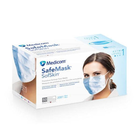 Medicom Mask Safe+Mask Sofskin ASTM Level 1 Blue 50/Bx, 10 BX/CA - 2081