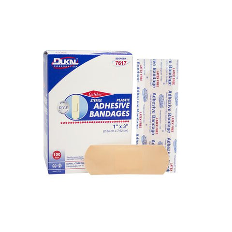 Dukal Corporation Bandage Strips Plastic Caliber 1x3" Flexible Flesh LF 100/Bx, 24 BX/CA - 7617