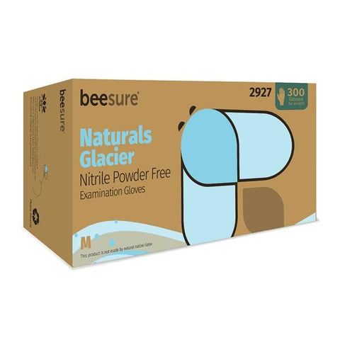 EcoBee Gloves Exam BeeSure Naturals Glacier PF Nitrile Latex-Free Md Blue 300/Bx, 10 BX/CA - BE2927