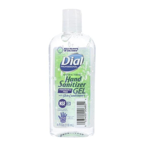 Dial Corporation Sanitizer Hand Gel Dial 62% Ethyl Alcohol 4 oz Fragrance Free Each, 24 Each/CA - 2340000685