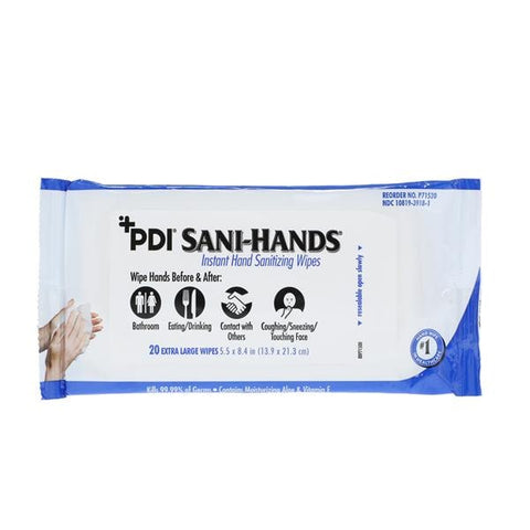 PDI Professional Disposables Sanitizer Hand Wipes Sani-Hands 70% Ethyl Alcohol Bedside Pack FrgrncFr 20/Pk, 48 PK/CA - P71520