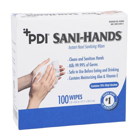 PDI Professional Disposables Sanitizer Hand Wipes Sani-Hands 70% Ethyl Alcohol Packets Fragrance Free 100/Bx, 10 BX/CA - D43600