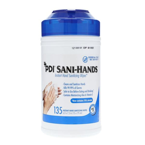 PDI Professional Disposables Sanitizer Hand Wipes Sani-Hands 70% Ethyl Alcohol Canister Fragrance Free 135/CN, 12 CN/CA - P13472