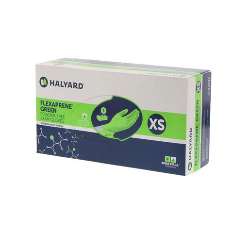 O & M Halyard Gloves Chloroprene Flexaprene Green Latex-Free PF X-Small NS Green 200/Bx, 10 BX/CA - 44792