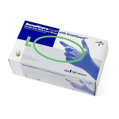 Medline Industries Inc Gloves Exam SensiCare Ice PF Nitrile Latex-Free 9.5 in Lg Ice Blue 250/Bx, 10 BX/CA - MDS6803