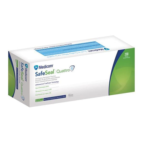 Medicom Pouch Sterilizer SafeSeal Quattro 4.25 in x 11 in Grn/Clr No Md frm Ltx 200/Bx, 6 BX/CA - 88045-4