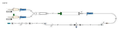 CODAN Vented spike, non-vented spike, (3) roller clamps, 200 micron filter chamber, cylinder hand pump, back check valve, swabable Y-site, detachable swabable stopcock, 36" detachable extension with slide clamp and swabable