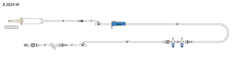 CODAN 10d non-vented chamber, back check valve, roller clamp, needlefree Y-site, (3) detachable swabable four-way stopcocks, detachable 10” pigtail with spin-lock