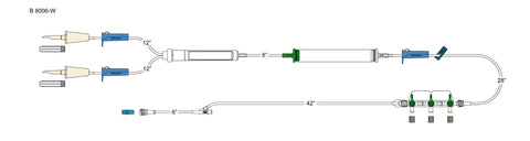 CODAN (2) non-vented spikes, (3) roller clamps, 200 micron filter chamber, cylinder hand pump, detachable 3-gang four-way stopcocks on a manifold plate, needlefree Y-site, male luer-lock
