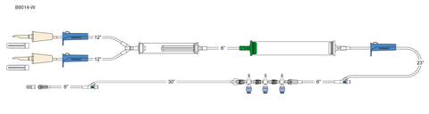 CODAN (2) non-vented spikes, (3) roller clamps, elongated 170 micron filter chamber, cylinder hand pump, (3) needlefree Y-sites, detachable 3-gang four-way swabable stopcocks, male luer-lock