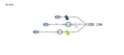 CODAN Trifurcated MiniBore Extension Set, (3) swabable valves, 0.2 micron and 1.2 micron air eliminating filters, (3) color-coded slide clamps, 3-in-1 spin-lock