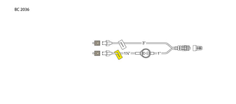 CODAN Bifurcated MiniBore Extension Set, (2) female luer-locks, (2) color coded slide clamps, 0.2 micron air eliminating filter, 2-in-1 male luer-lock, CODAN FlowStop Cap™