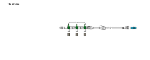 CODAN 3-gang four-way stopcocks on a manifold plate, detachable 7” pigtail with pinch clamp, spin-lock