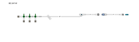CODAN 3-gang four-way stopcocks, slide clamp, needlefree Y-site, male luer-lock Swabable 8” pigtail with spin-lock