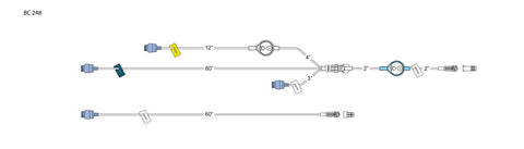 CODAN Trifurcated Delivery Set, (3) swabable valves, (3) color-coded slide clamps, 0.2 micron air-eliminating filter, spin-lock, female luer lock with 1.2micron air-eliminating filter, spin-lock