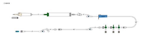 CODAN 10d vented chamber, cylinder hand pump, pinch clamp, needlefree Y-site, roller clamp, 2-gang four-way stopcock manifold, detachable four-way stopcock extension, (2) slide clamps, detachable four-way stopcock, 5” microbore pig