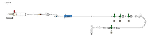 CODAN 60d vented chamber, back check valve, pinch clamp, needlefree Y-site, roller clamp, 2-gang four-way stopcock manifold, detachable four-way stopcock extension, (2) slide clamps, detachable four-way stopcock, 5” microbore pigta