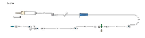 CODAN 60d vented chamber, (2) swabable Y-sites, slide clamp, roller clamp, detachable four-way stopcock, 36” detachable extension set with swabable Y-site, detachable 6” needlefree pigtail with swabable Y-site and spin-lock