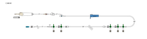 CODAN 60d vented chamber, back check valve, pinch clamp, swabable Y-site, roller clamp, 2-gang four-way stopcock manifold, detachable stopcock extension, detachable four-way stopcock, detachable 7” minibore stopcock pigtail with spin-lock