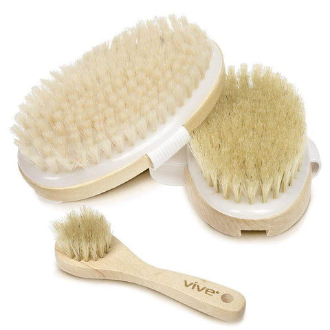 14" BODY BRUSH, TWO BRUSH HEADS W/COARSE, SOFT BRISTLES, FACIAL BRUSH - LVA2013